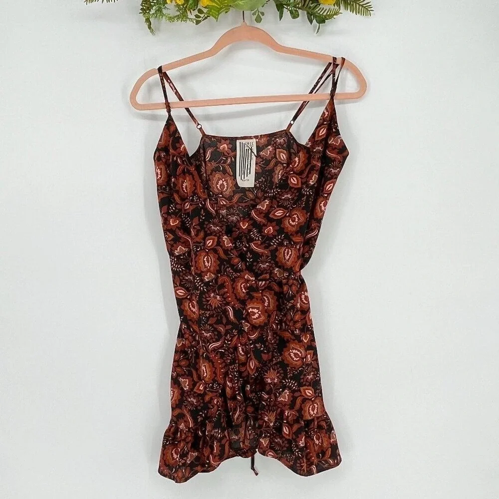 Free People Floral Faux Wrap Mini Dress Rust Orange Ruffle Hem XS OB810871